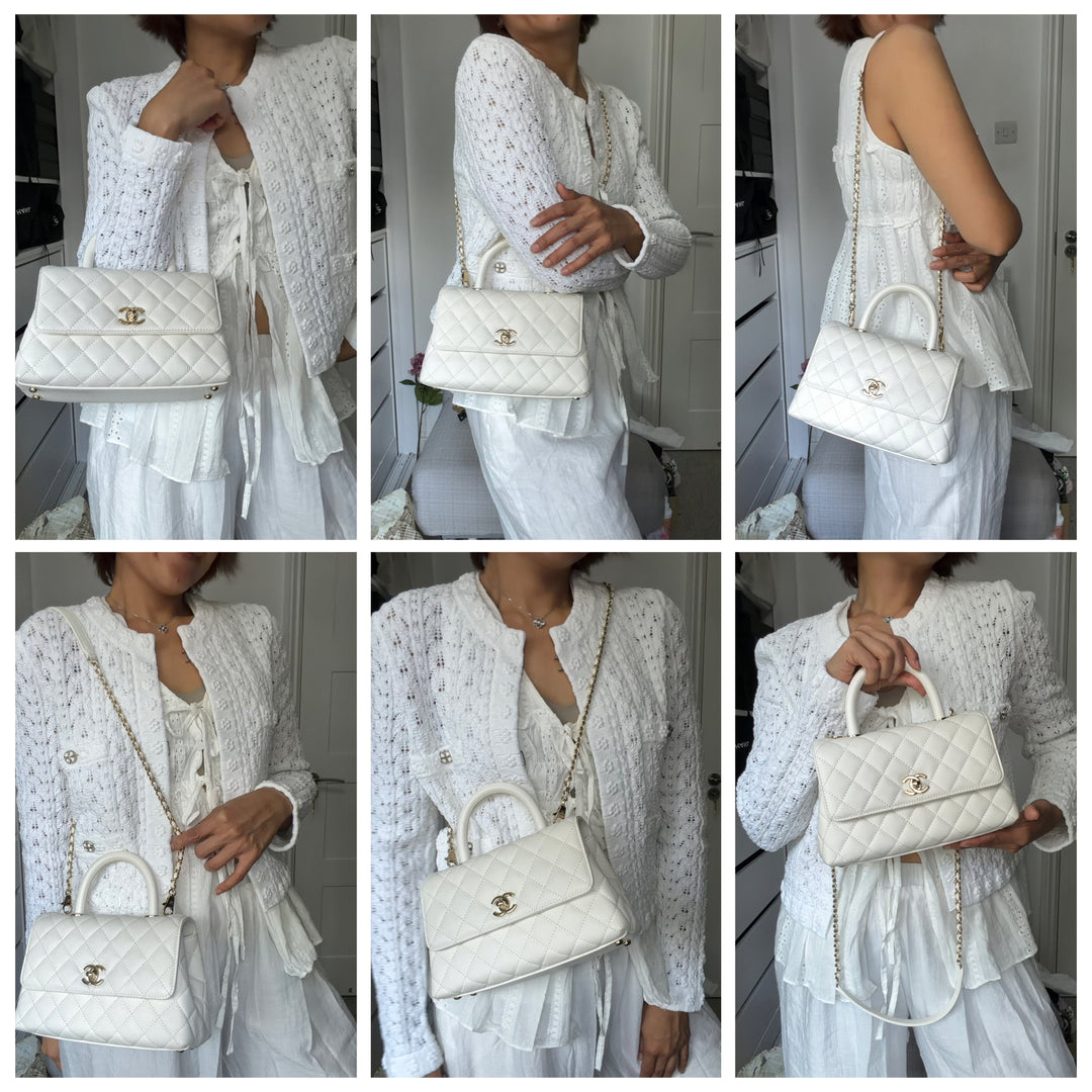CHANEL White Caviar LGHW Coco Handle Flap Bag Size SMALL with detachable Strap Microchipped