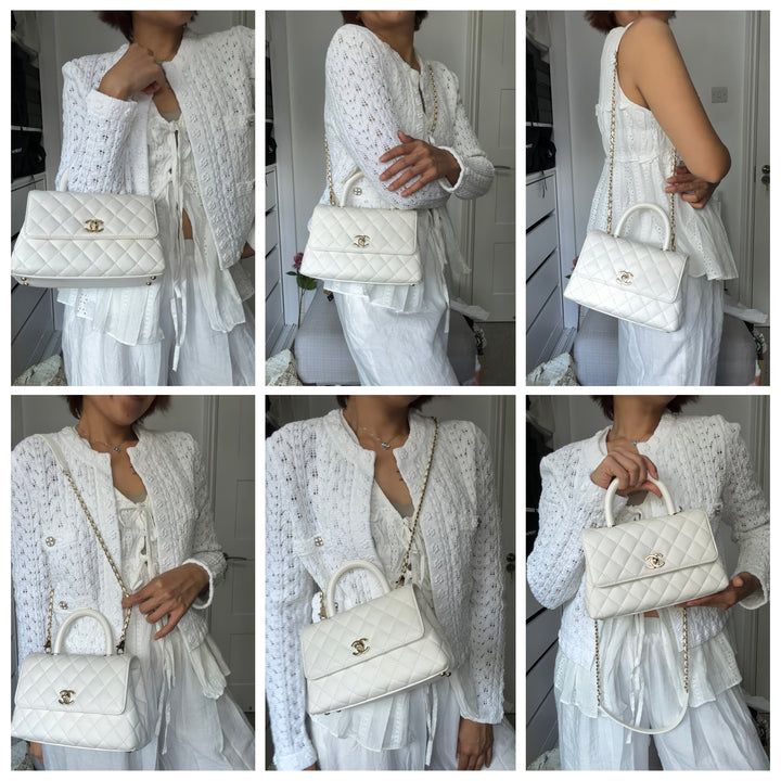 CHANEL White Caviar LGHW Coco Handle Flap Bag Size SMALL with detachable Strap Microchipped