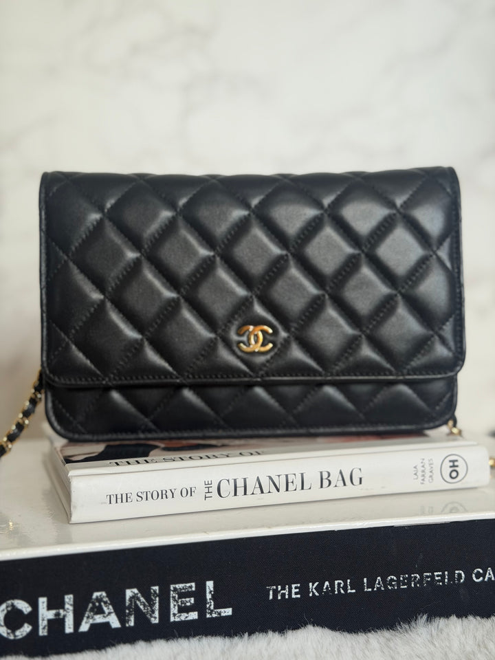 CHANEL Black Lambskin LGHW Classic Wallet on chain (WOC) with magnetic closure, microchipped