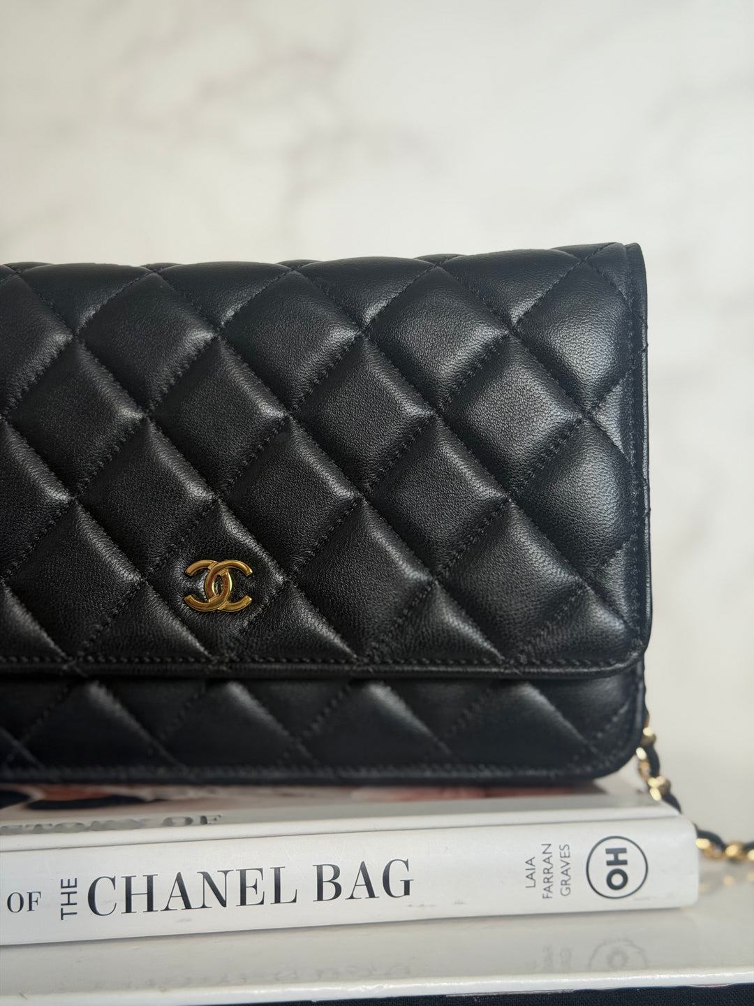 CHANEL Black Lambskin LGHW Classic Wallet on chain (WOC) with magnetic closure, microchipped