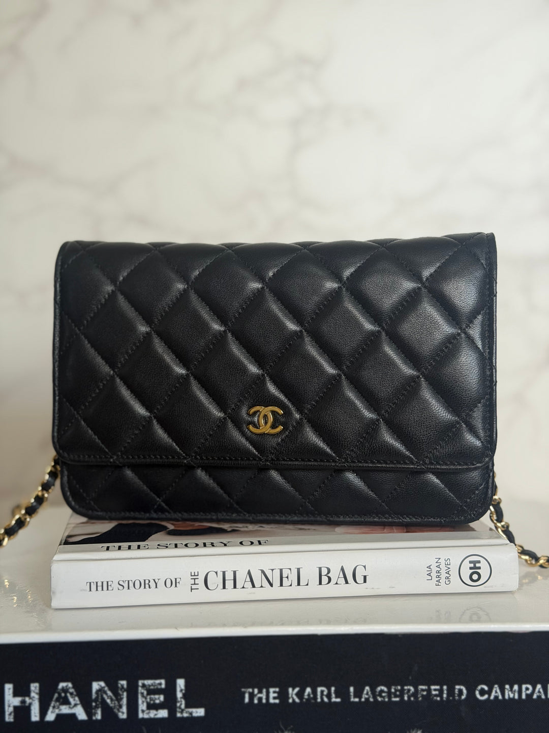 CHANEL Black Lambskin LGHW Classic Wallet on chain (WOC) with magnetic closure, microchipped