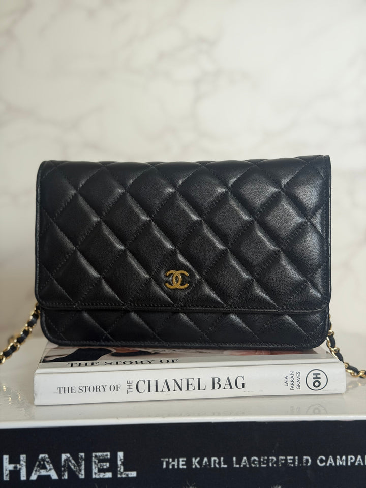 CHANEL Black Lambskin LGHW Classic Wallet on chain (WOC) with magnetic closure, microchipped