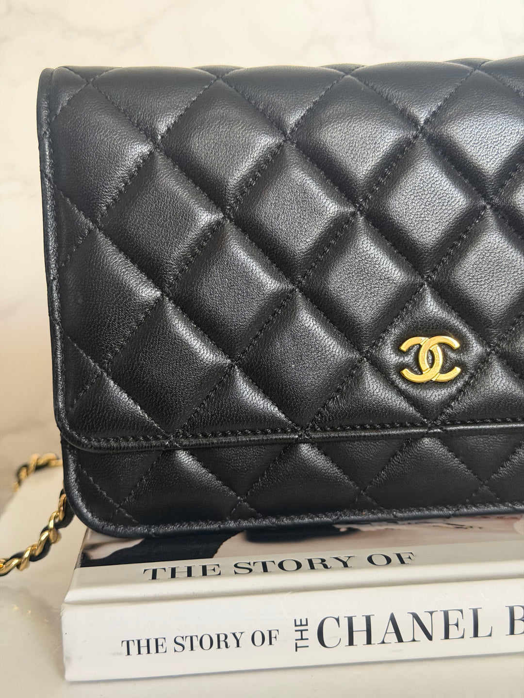 CHANEL Black Lambskin LGHW Classic Wallet on chain (WOC) with magnetic closure, microchipped