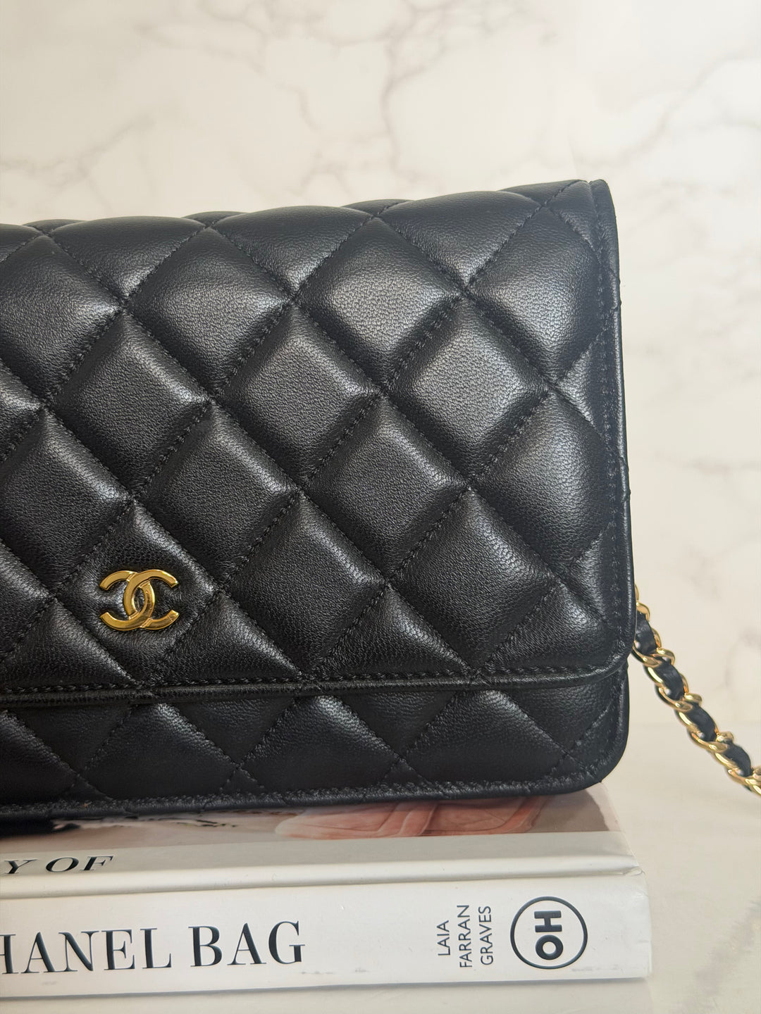 CHANEL Black Lambskin LGHW Classic Wallet on chain (WOC) with magnetic closure, microchipped