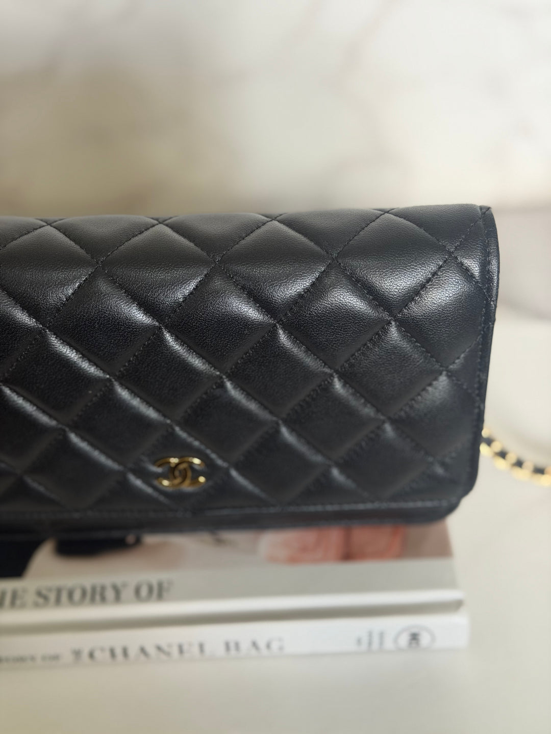 CHANEL Black Lambskin LGHW Classic Wallet on chain (WOC) with magnetic closure, microchipped