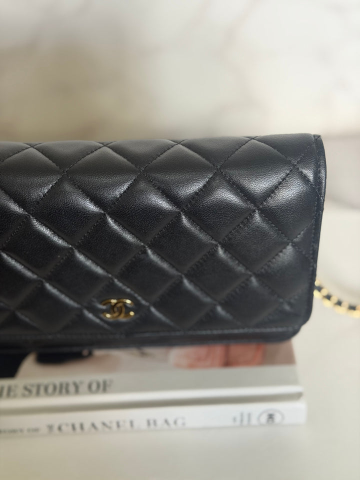 CHANEL Black Lambskin LGHW Classic Wallet on chain (WOC) with magnetic closure, microchipped