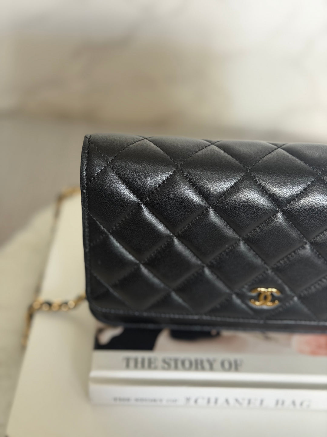 CHANEL Black Lambskin LGHW Classic Wallet on chain (WOC) with magnetic closure, microchipped