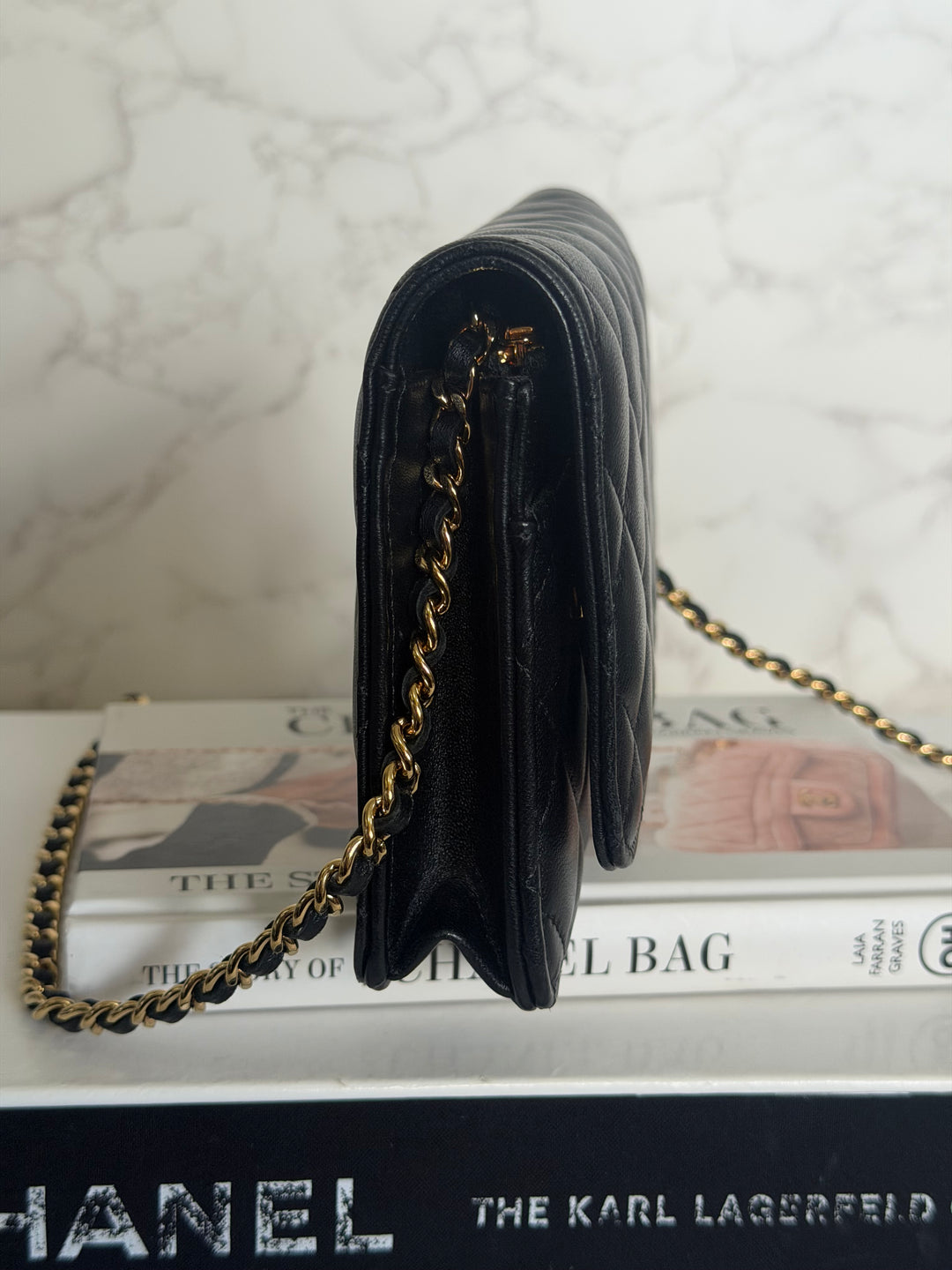 CHANEL Black Lambskin LGHW Classic Wallet on chain (WOC) with magnetic closure, microchipped