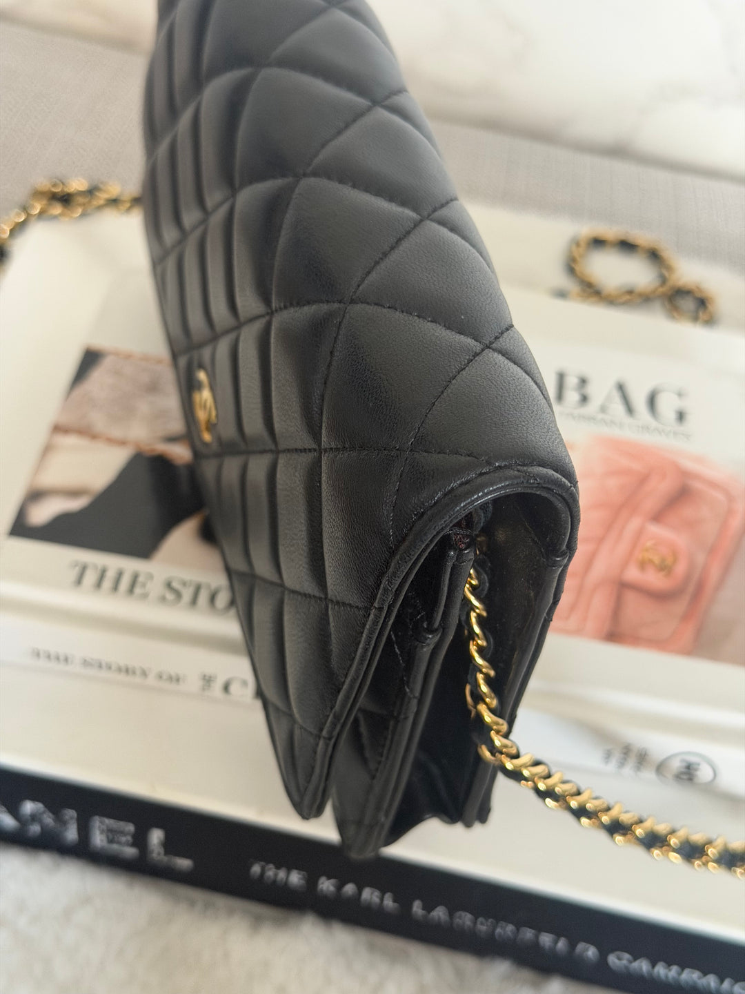 CHANEL Black Lambskin LGHW Classic Wallet on chain (WOC) with magnetic closure, microchipped