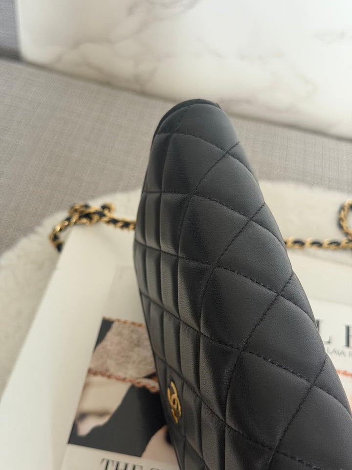 CHANEL Black Lambskin LGHW Classic Wallet on chain (WOC) with magnetic closure, microchipped