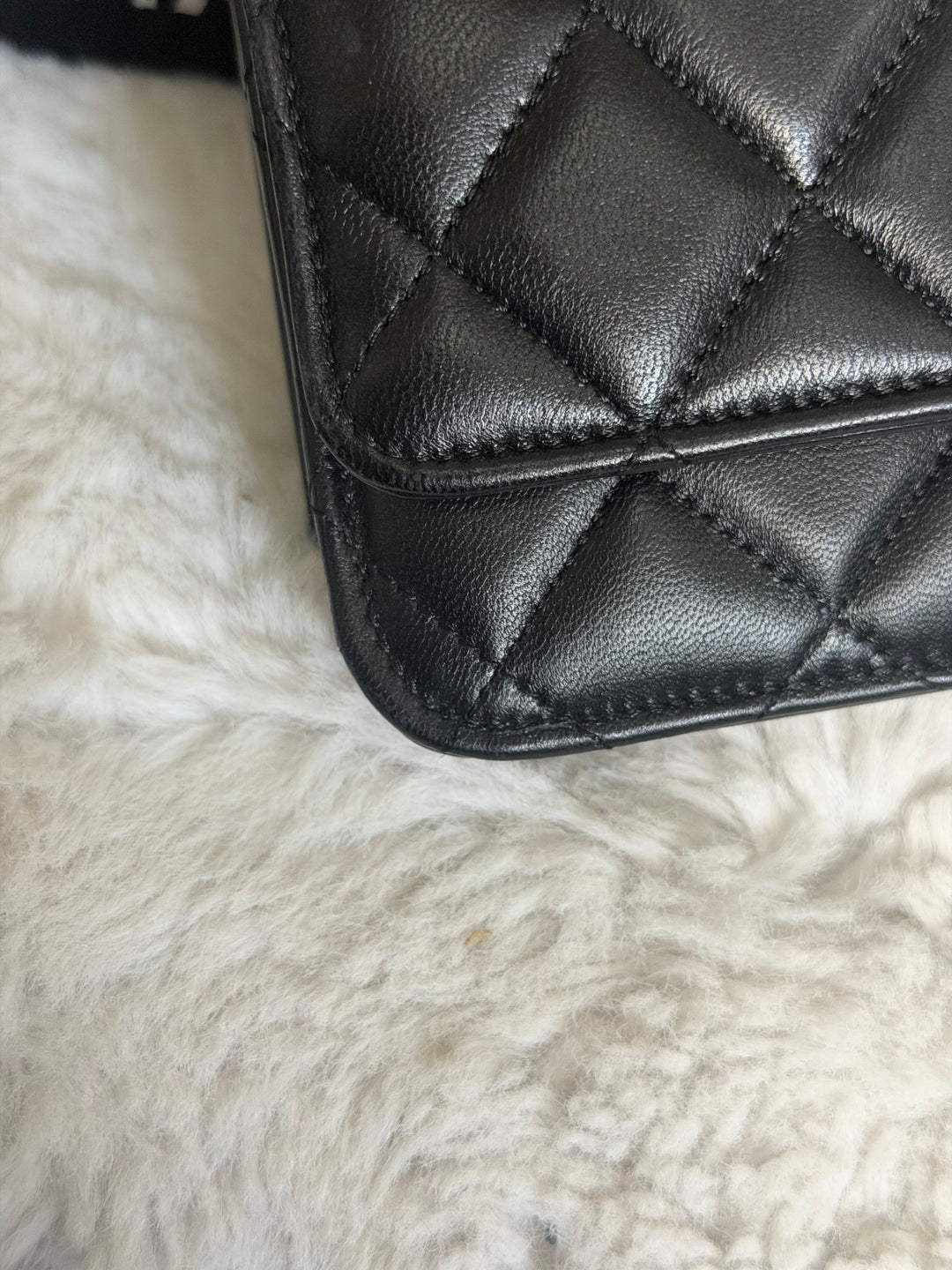 CHANEL Black Lambskin LGHW Classic Wallet on chain (WOC) with magnetic closure, microchipped