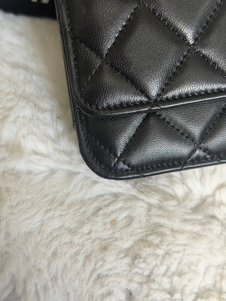 CHANEL Black Lambskin LGHW Classic Wallet on chain (WOC) with magnetic closure, microchipped