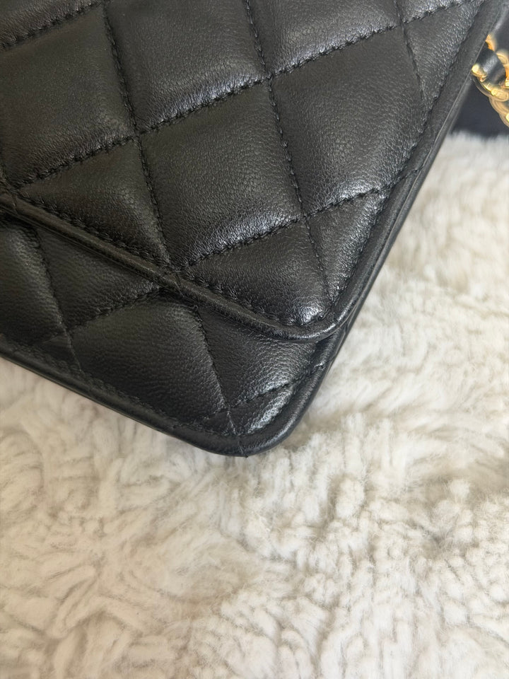 CHANEL Black Lambskin LGHW Classic Wallet on chain (WOC) with magnetic closure, microchipped