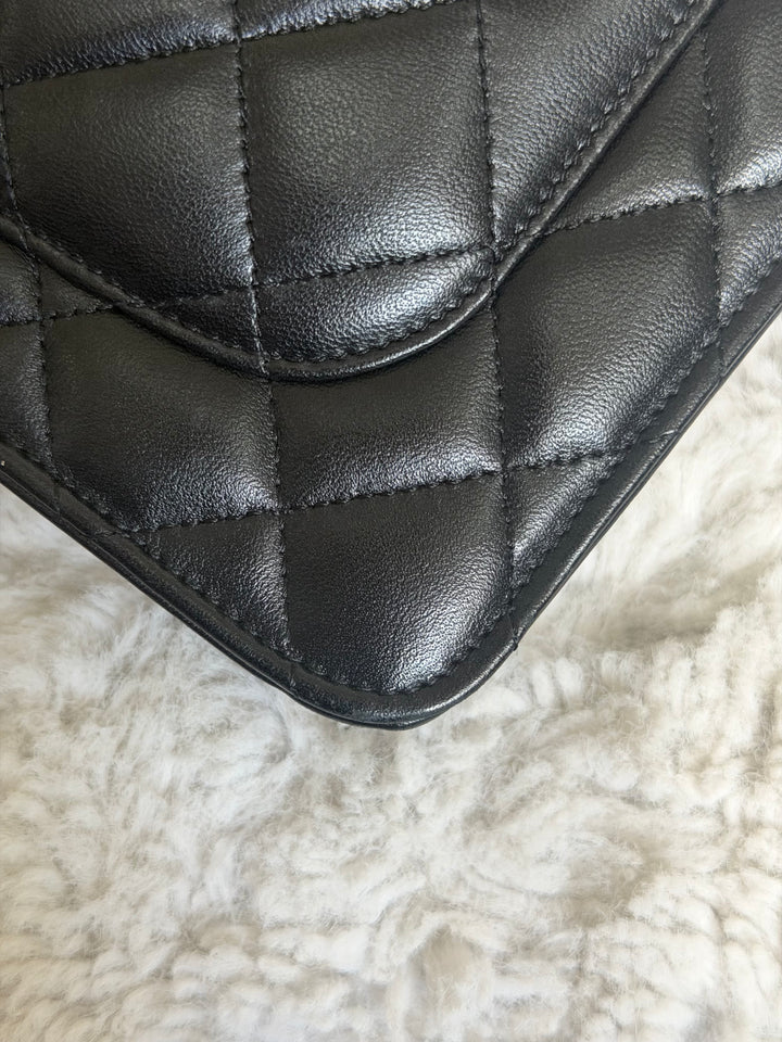 CHANEL Black Lambskin LGHW Classic Wallet on chain (WOC) with magnetic closure, microchipped