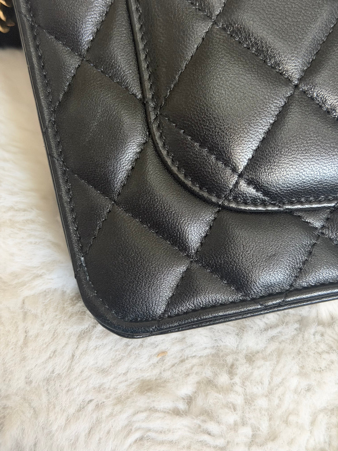 CHANEL Black Lambskin LGHW Classic Wallet on chain (WOC) with magnetic closure, microchipped