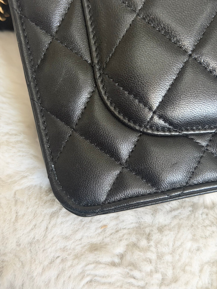 CHANEL Black Lambskin LGHW Classic Wallet on chain (WOC) with magnetic closure, microchipped