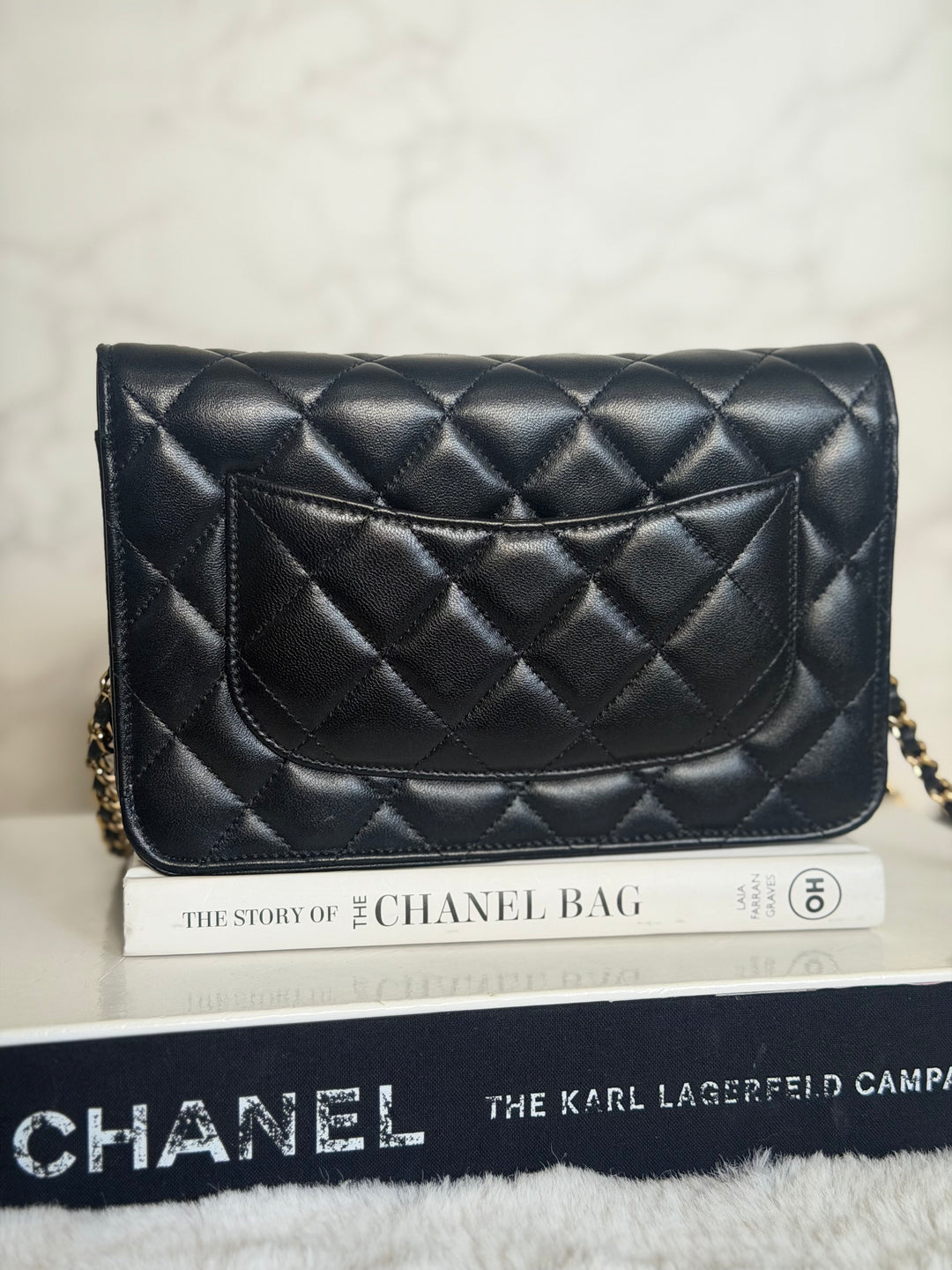 CHANEL Black Lambskin LGHW Classic Wallet on chain (WOC) with magnetic closure, microchipped
