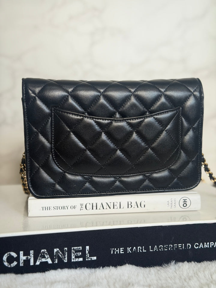 CHANEL Black Lambskin LGHW Classic Wallet on chain (WOC) with magnetic closure, microchipped