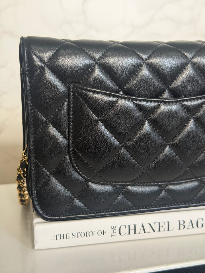 CHANEL Black Lambskin LGHW Classic Wallet on chain (WOC) with magnetic closure, microchipped
