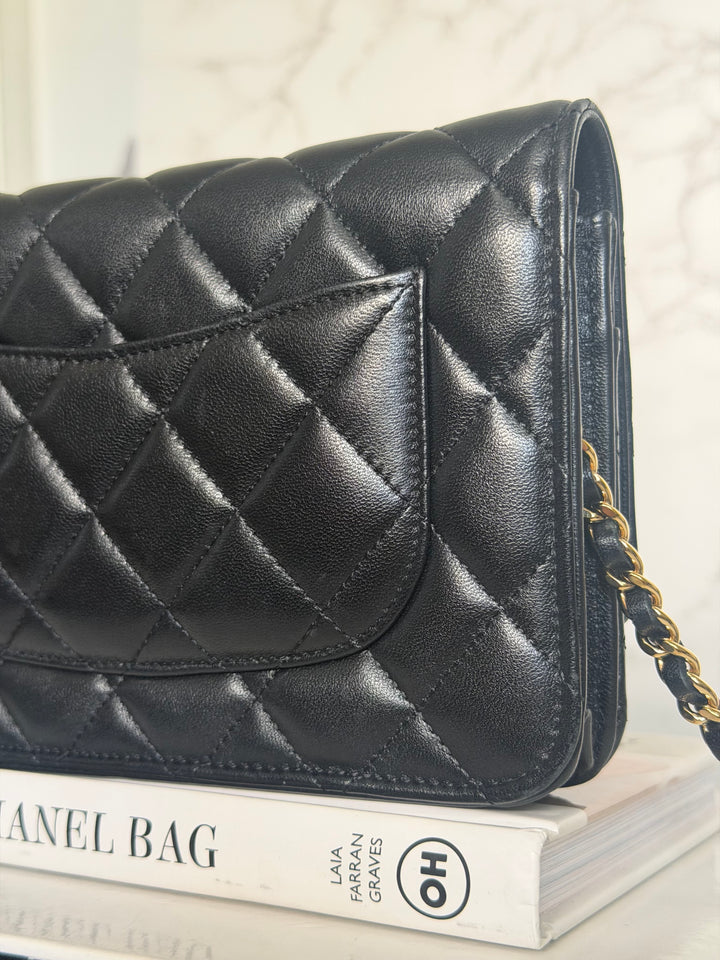 CHANEL Black Lambskin LGHW Classic Wallet on chain (WOC) with magnetic closure, microchipped
