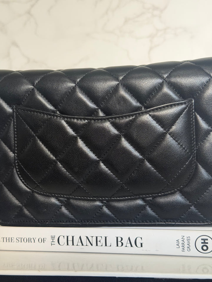 CHANEL Black Lambskin LGHW Classic Wallet on chain (WOC) with magnetic closure, microchipped