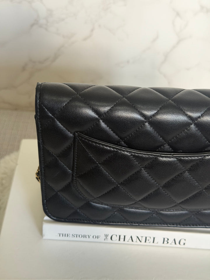 CHANEL Black Lambskin LGHW Classic Wallet on chain (WOC) with magnetic closure, microchipped