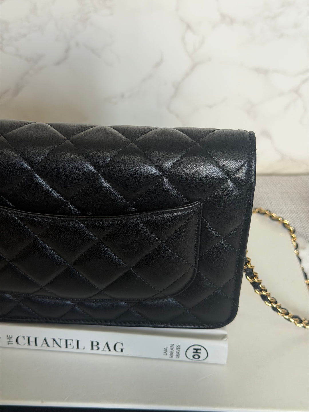 CHANEL Black Lambskin LGHW Classic Wallet on chain (WOC) with magnetic closure, microchipped