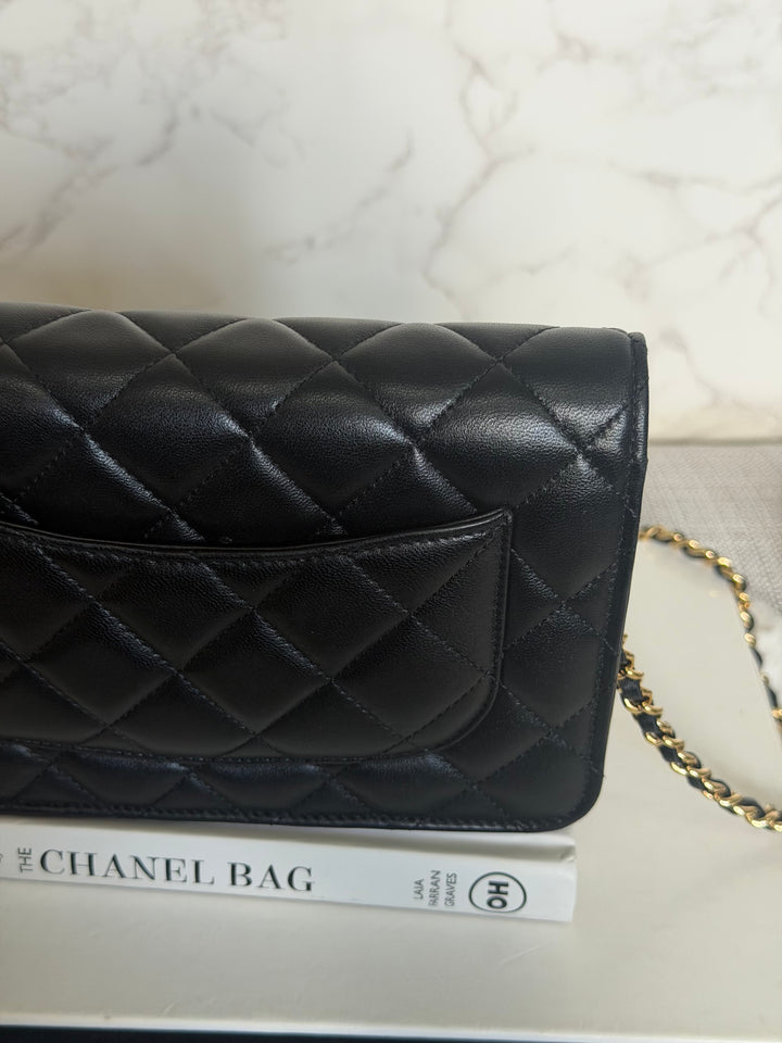 CHANEL Black Lambskin LGHW Classic Wallet on chain (WOC) with magnetic closure, microchipped