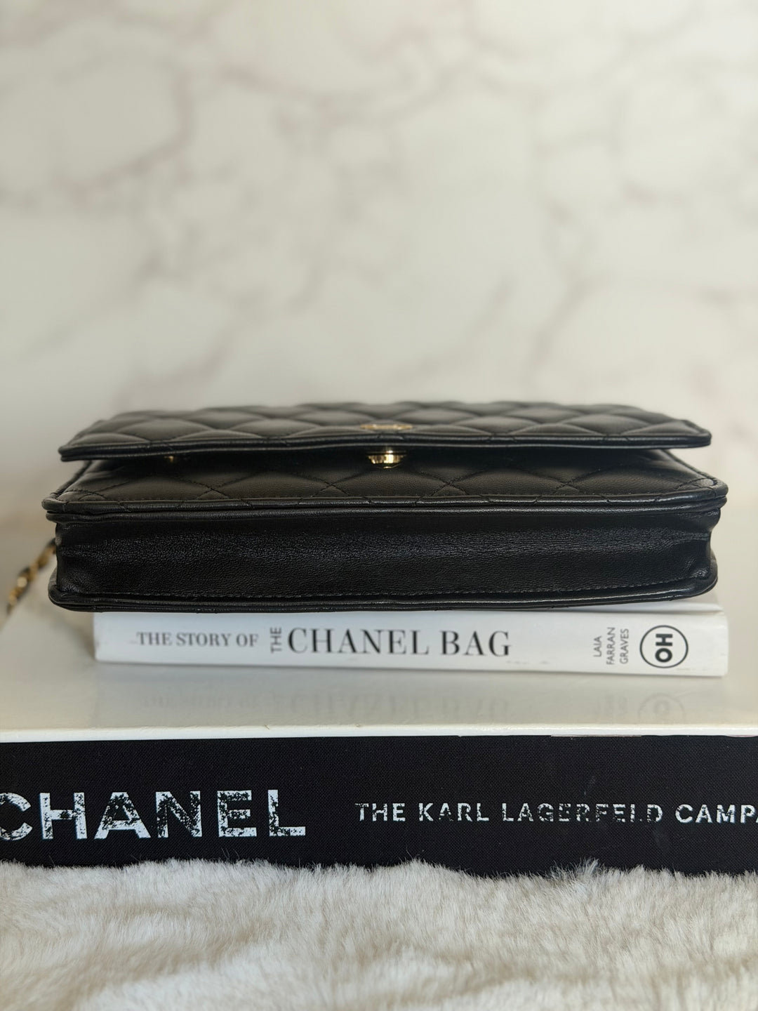 CHANEL Black Lambskin LGHW Classic Wallet on chain (WOC) with magnetic closure, microchipped