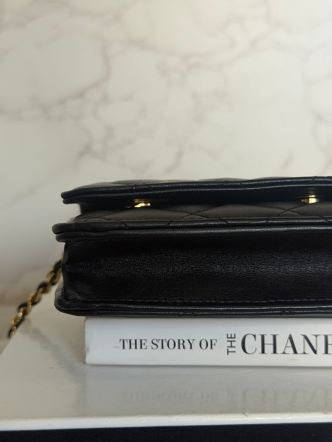CHANEL Black Lambskin LGHW Classic Wallet on chain (WOC) with magnetic closure, microchipped
