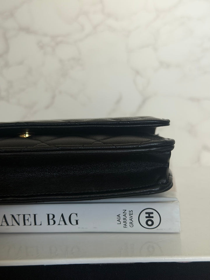 CHANEL Black Lambskin LGHW Classic Wallet on chain (WOC) with magnetic closure, microchipped