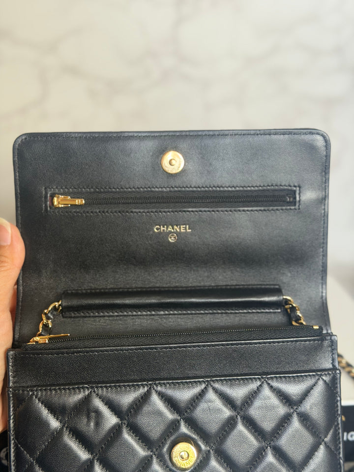 CHANEL Black Lambskin LGHW Classic Wallet on chain (WOC) with magnetic closure, microchipped