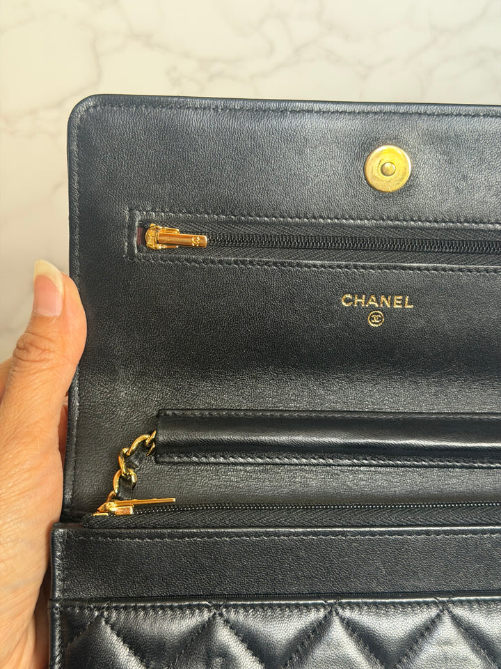 CHANEL Black Lambskin LGHW Classic Wallet on chain (WOC) with magnetic closure, microchipped
