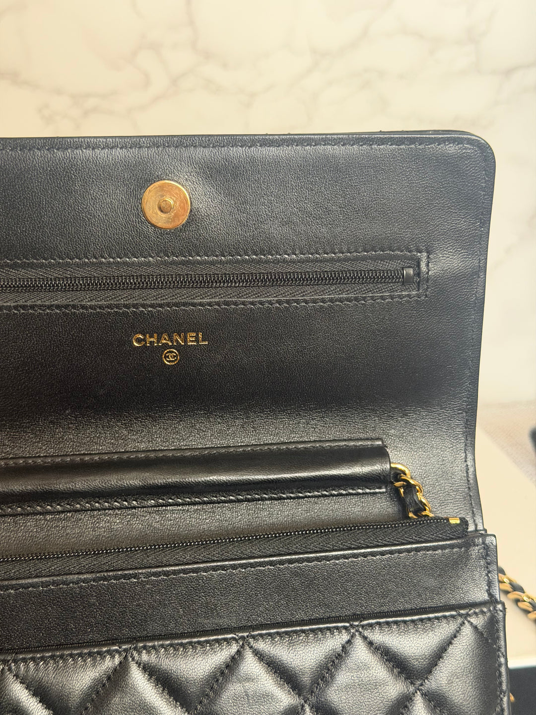 CHANEL Black Lambskin LGHW Classic Wallet on chain (WOC) with magnetic closure, microchipped
