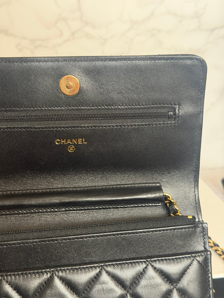 CHANEL Black Lambskin LGHW Classic Wallet on chain (WOC) with magnetic closure, microchipped