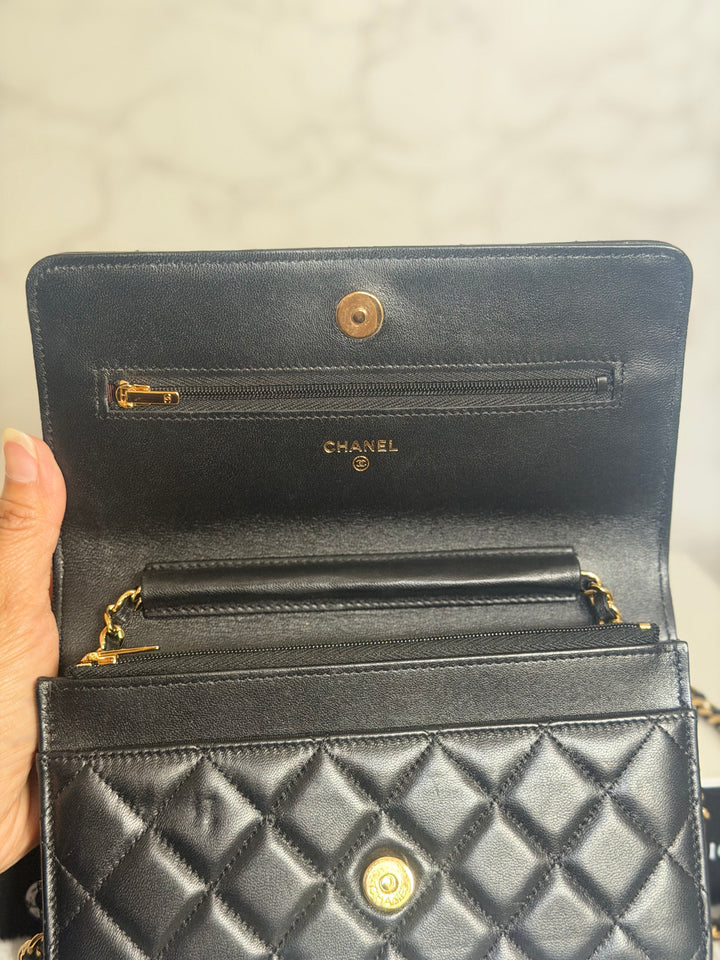 CHANEL Black Lambskin LGHW Classic Wallet on chain (WOC) with magnetic closure, microchipped