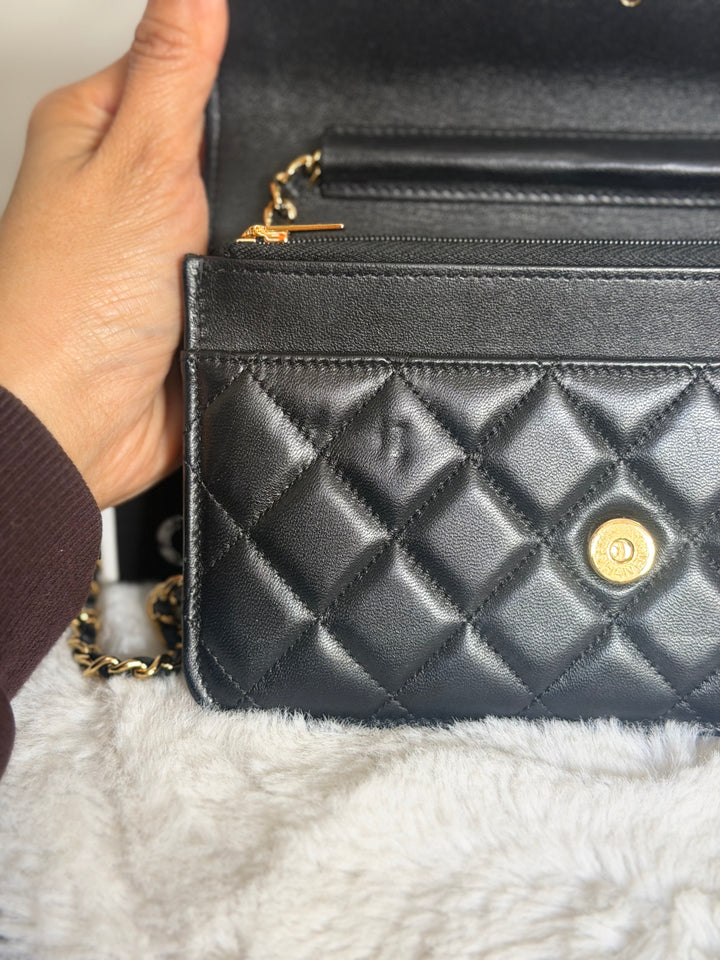 CHANEL Black Lambskin LGHW Classic Wallet on chain (WOC) with magnetic closure, microchipped