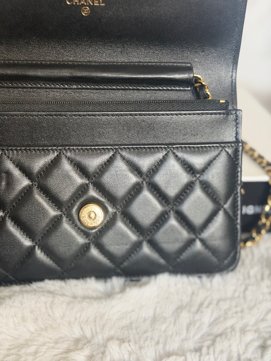 CHANEL Black Lambskin LGHW Classic Wallet on chain (WOC) with magnetic closure, microchipped