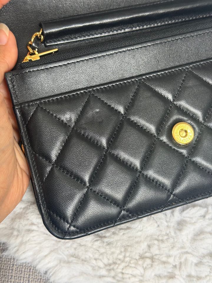 CHANEL Black Lambskin LGHW Classic Wallet on chain (WOC) with magnetic closure, microchipped