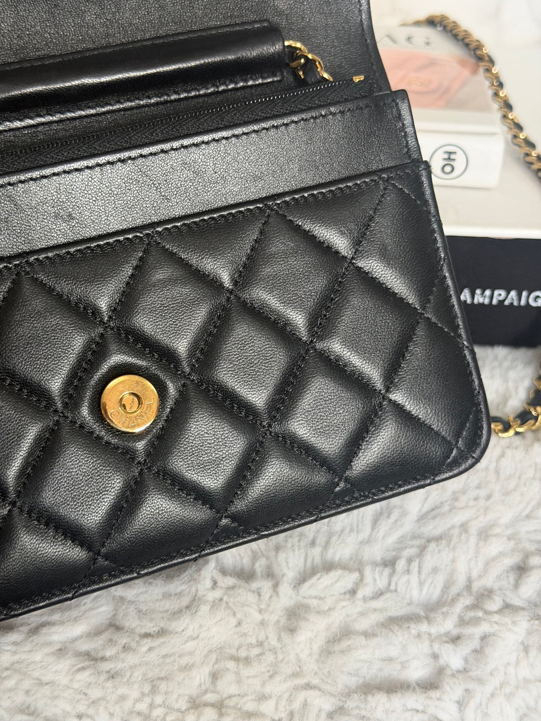 CHANEL Black Lambskin LGHW Classic Wallet on chain (WOC) with magnetic closure, microchipped