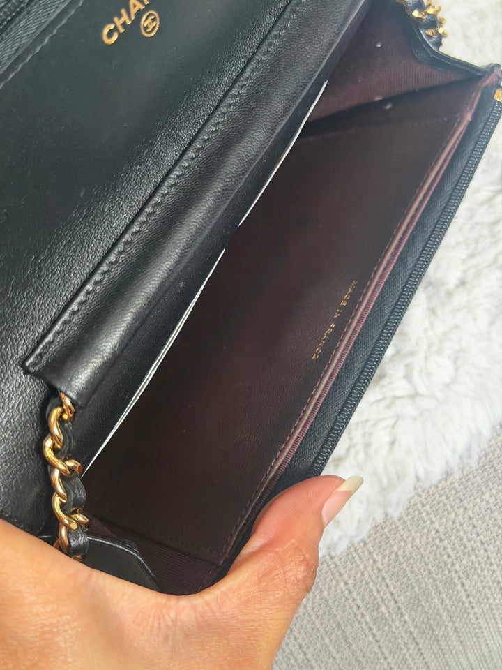 CHANEL Black Lambskin LGHW Classic Wallet on chain (WOC) with magnetic closure, microchipped