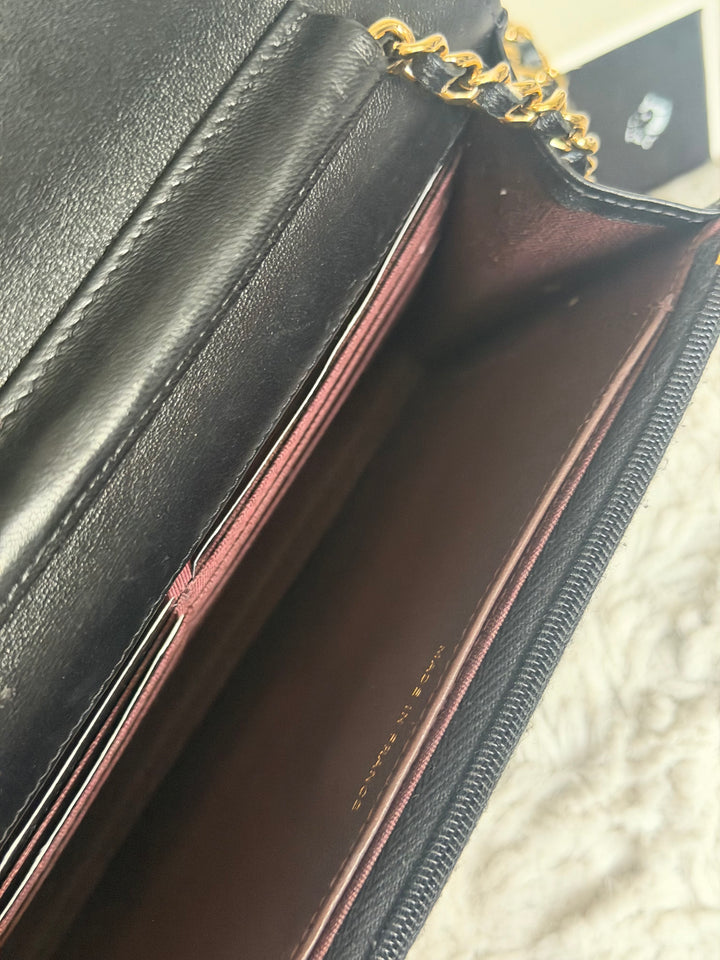 CHANEL Black Lambskin LGHW Classic Wallet on chain (WOC) with magnetic closure, microchipped