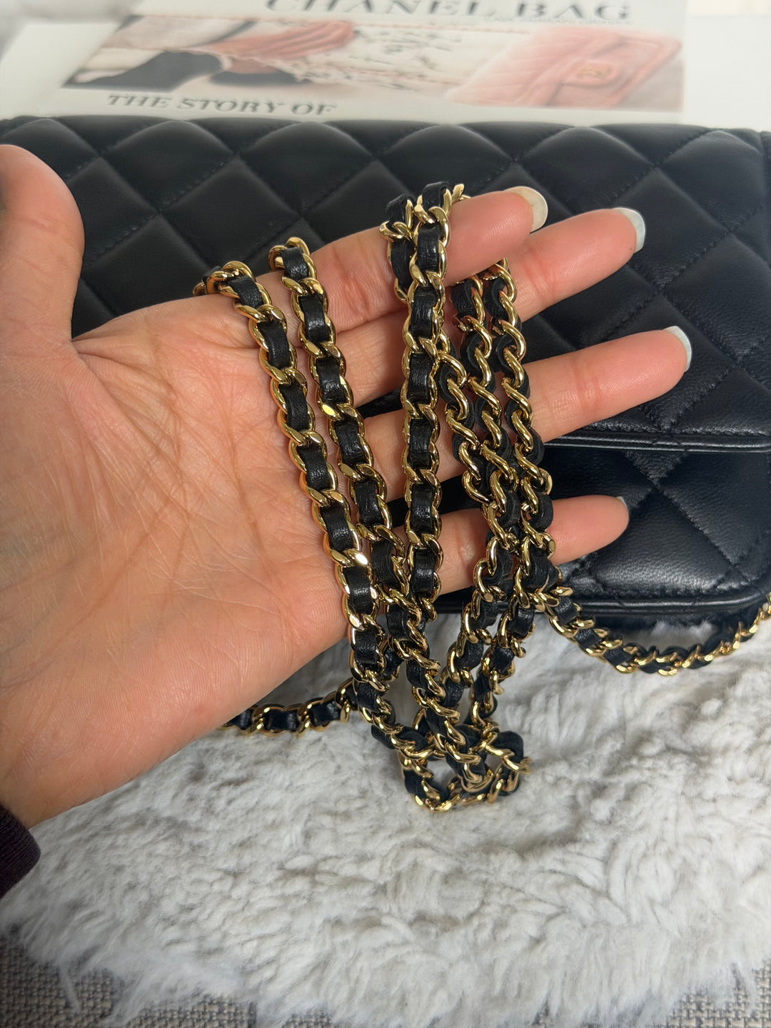 CHANEL Black Lambskin LGHW Classic Wallet on chain (WOC) with magnetic closure, microchipped