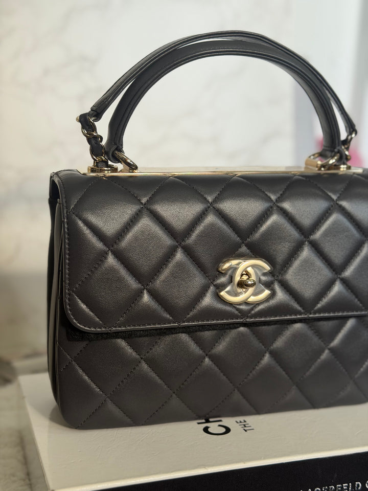 CHANEL Dark Grey Lambskin LGHW Trendy CC Flap Bag with non detachable shoulder strap size SMALL 2021