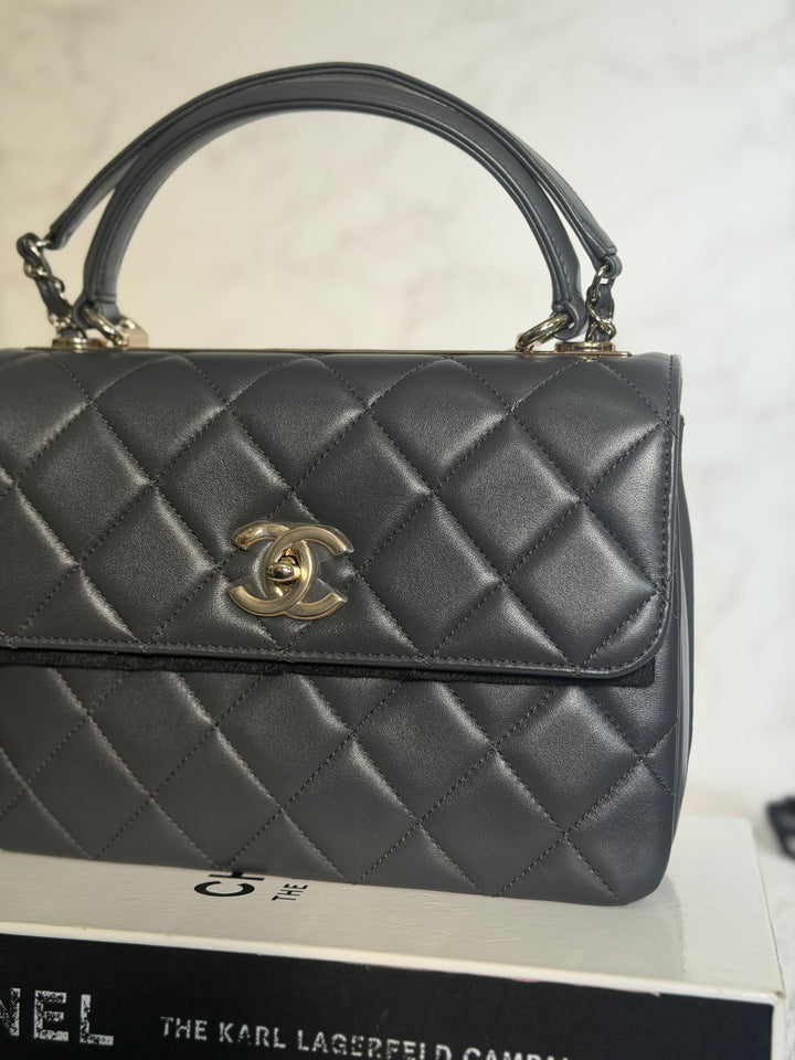 CHANEL Dark Grey Lambskin LGHW Trendy CC Flap Bag with non detachable shoulder strap size SMALL 2021