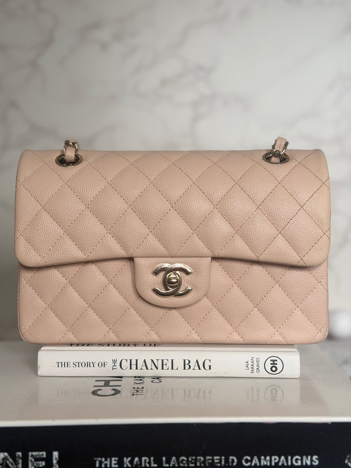 CHANEL Beige Caviar Pink Undertone 22C 2022 Small Timeless classic double flap bag with Light Gold toned hardware