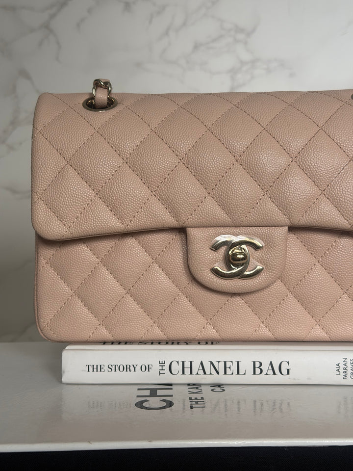 CHANEL Beige Caviar Pink Undertone 22C 2022 Small Timeless classic double flap bag with Light Gold toned hardware