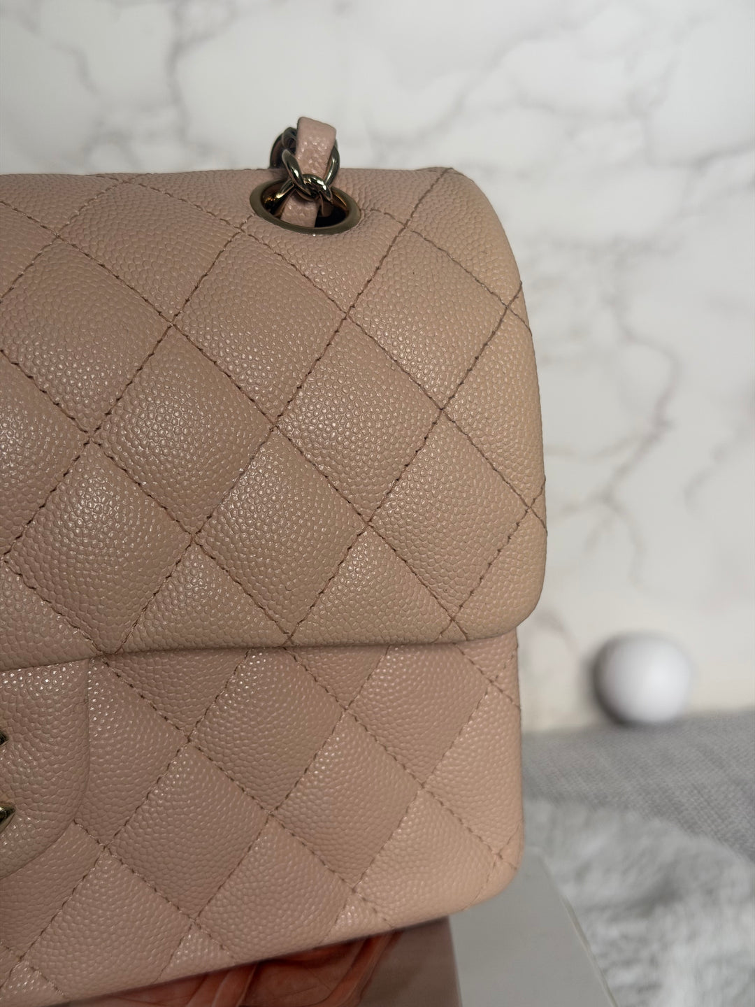 CHANEL Beige Caviar Pink Undertone 22C 2022 Small Timeless classic double flap bag with Light Gold toned hardware