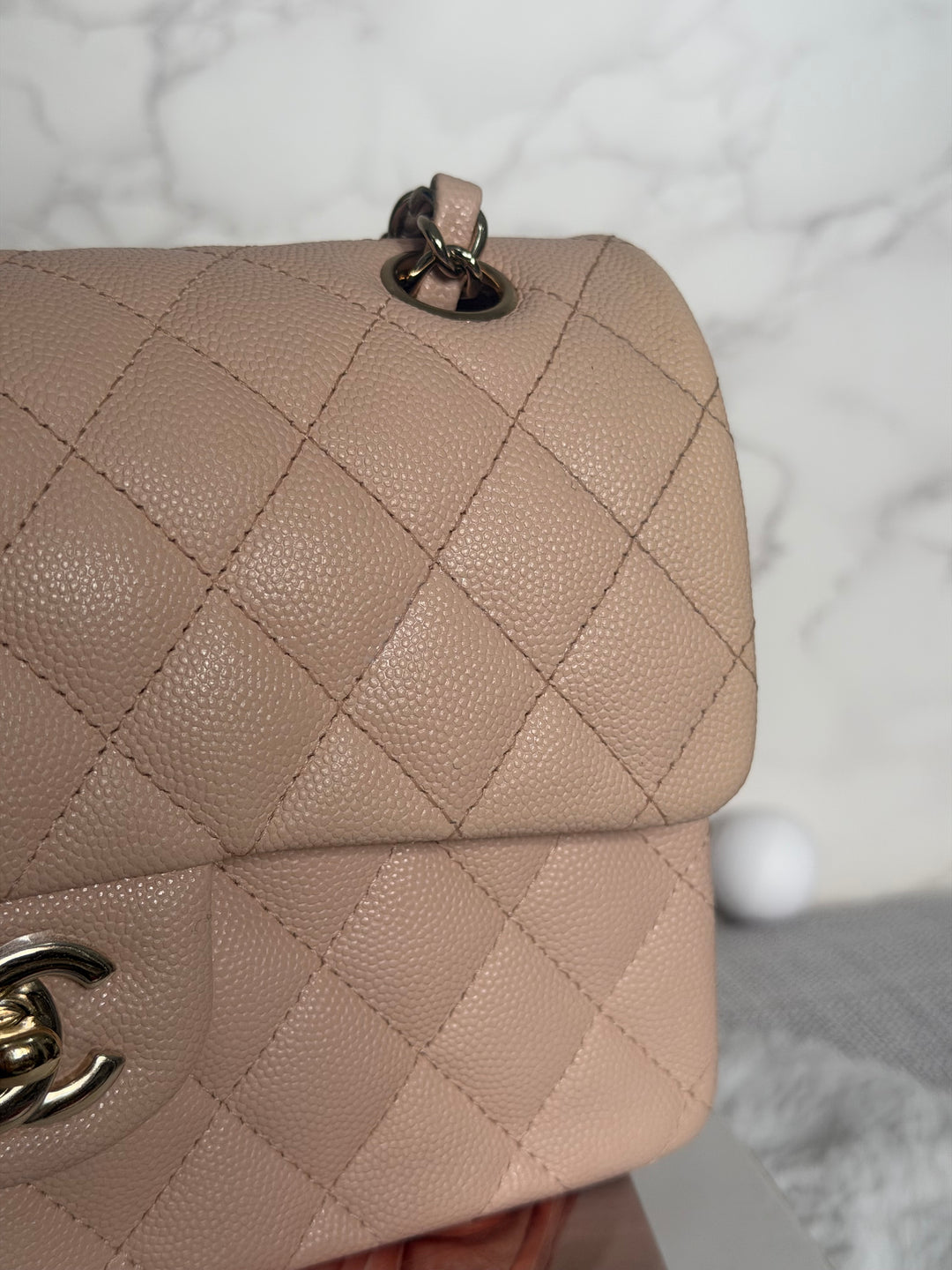 CHANEL Beige Caviar Pink Undertone 22C 2022 Small Timeless classic double flap bag with Light Gold toned hardware