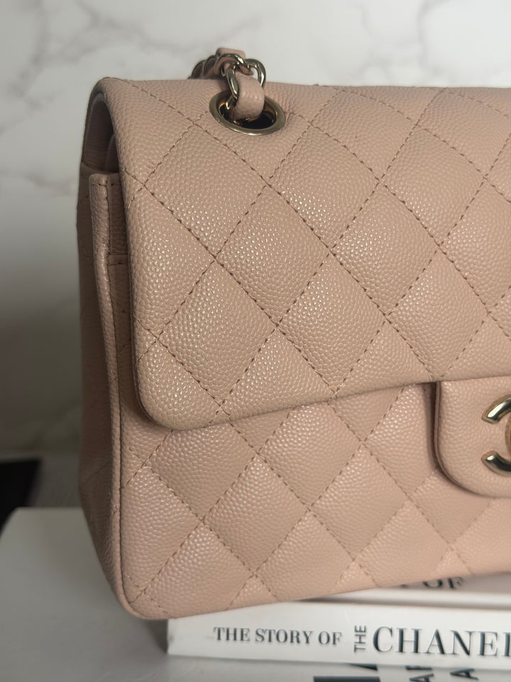 CHANEL Beige Caviar Pink Undertone 22C 2022 Small Timeless classic double flap bag with Light Gold toned hardware